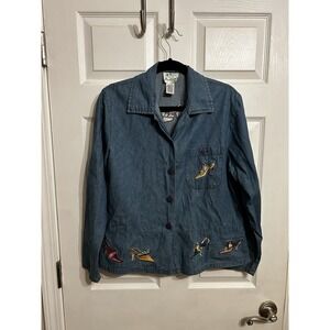 The Quacker Factory M Denim Jeans Jacket Embroidered Shoe Design Button Collar